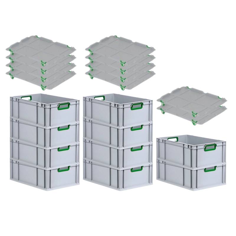 PROREGAL Spar Set 10x Eurobox Nextgen Color Mit Auflagedeckel & Schiebeschnappverschlüsse HxBxT 22 x 40 x 60 cm Griffe Grün Offen Verstärkter Boden von PROREGAL