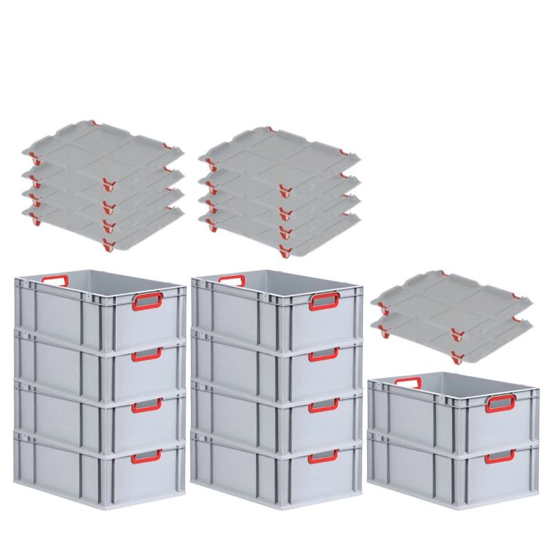 PROREGAL Spar Set 10x Eurobox Nextgen Color Mit Auflagedeckel & Schiebeschnappverschlüsse HxBxT 22 x 40 x 60 cm Griffe Rot Offen Verstärkter Boden von PROREGAL