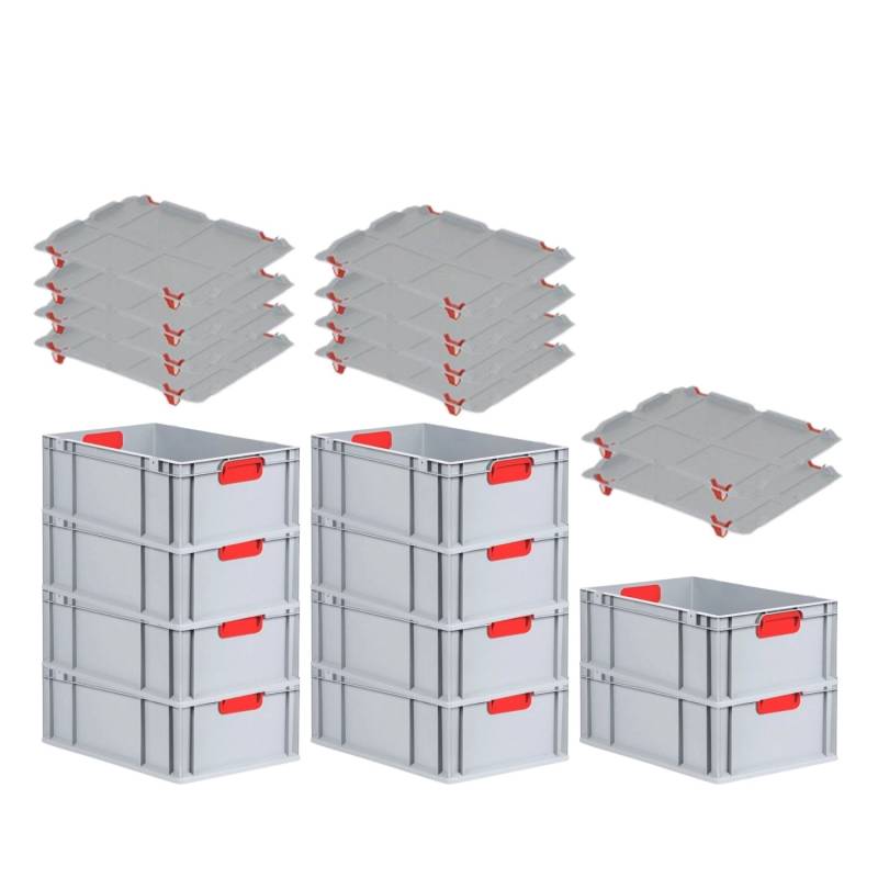 PROREGAL Spar Set 10x Eurobox Nextgen Color Mit Auflagedeckel & Schiebeschnappverschlüsse HxBxT 22 x 40 x 60 cm Griffe Rot Verstärkter Boden von PROREGAL