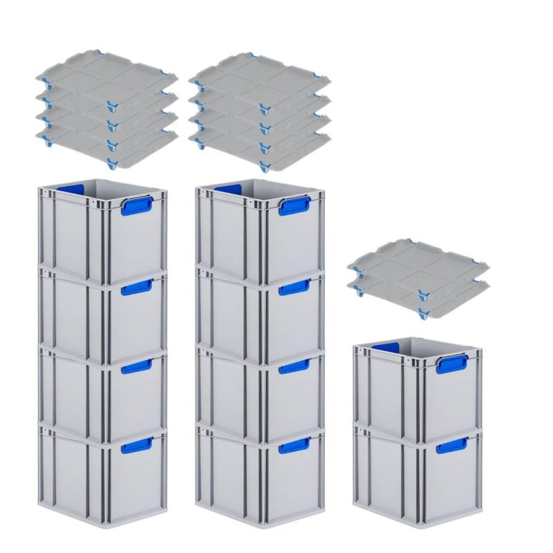 PROREGAL Spar Set 10x Eurobox Nextgen Color Mit Auflagedeckel & Schiebeschnappverschlüsse HxBxT 32 x 30 x 40 cm Griffe Blau Geschlossen Glatter Boden von PROREGAL