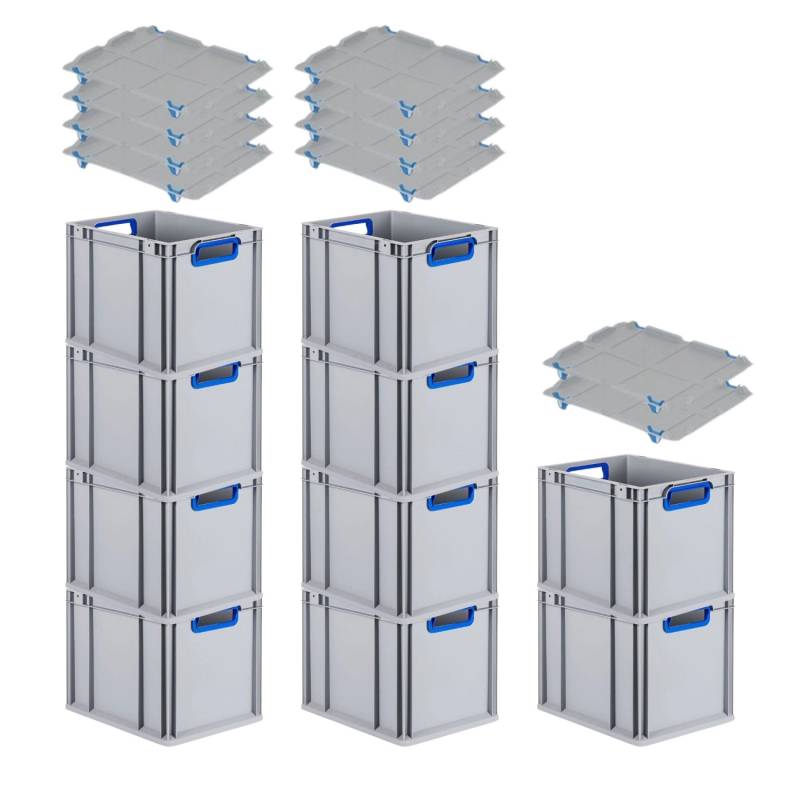 PROREGAL Spar Set 10x Eurobox Nextgen Color Mit Auflagedeckel & Schiebeschnappverschlüsse HxBxT 32 x 30 x 40 cm Griffe Blau Offen Glatter Boden von PROREGAL