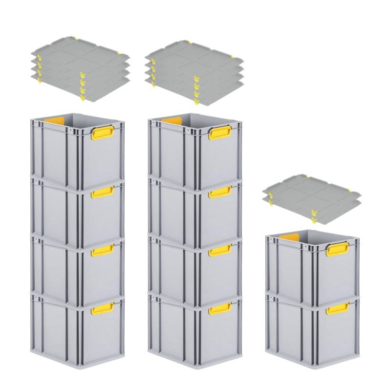 PROREGAL Spar Set 10x Eurobox Nextgen Color Mit Auflagedeckel & Schiebeschnappverschlüsse HxBxT 32 x 30 x 40 cm Griffe Gelb Geschlossen Glatter Boden von PROREGAL