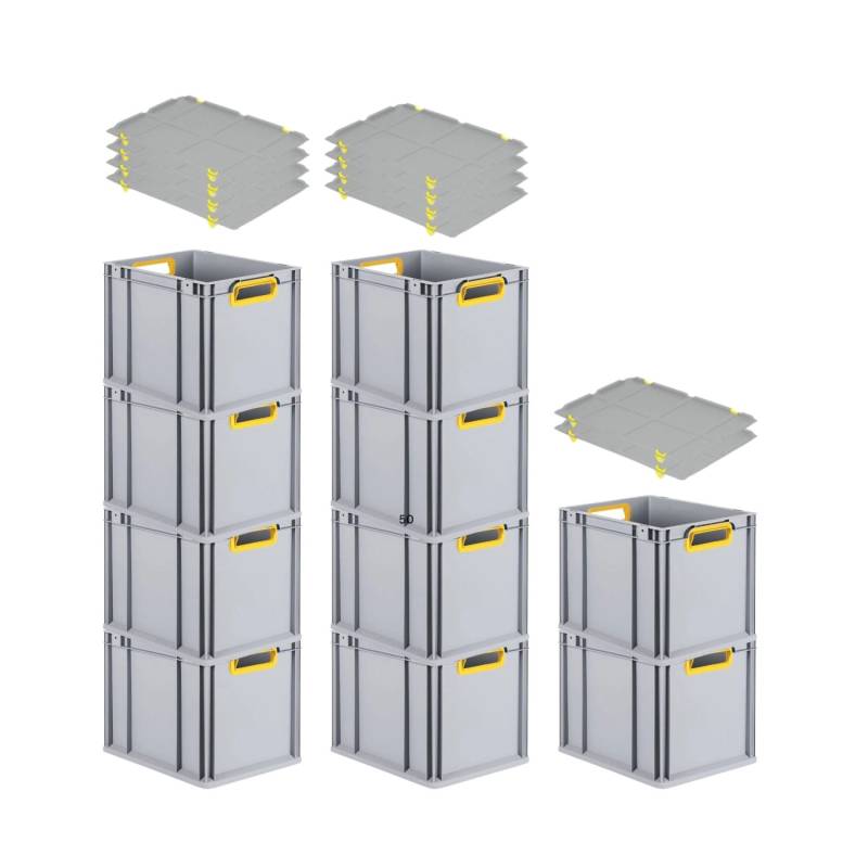 PROREGAL Spar Set 10x Eurobox Nextgen Color Mit Auflagedeckel & Schiebeschnappverschlüsse HxBxT 32 x 30 x 40 cm Griffe Gelb Offen Glatter Boden von PROREGAL
