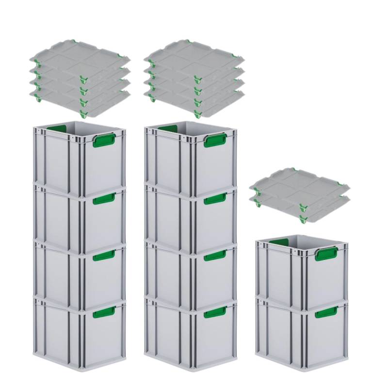 PROREGAL Spar Set 10x Eurobox Nextgen Color Mit Auflagedeckel & Schiebeschnappverschlüsse HxBxT 32 x 30 x 40 cm Griffe Grün Geschlossen Glatter Boden von PROREGAL