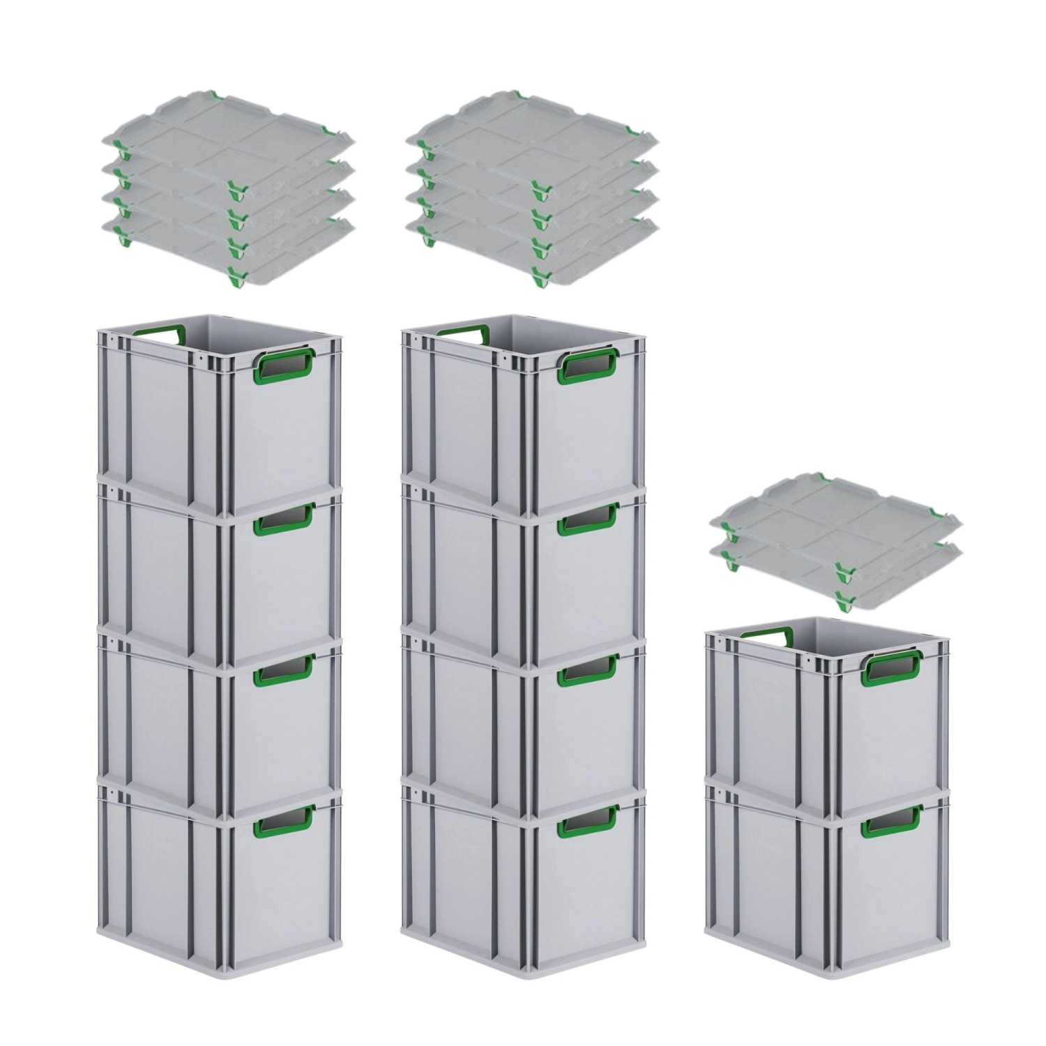 PROREGAL Spar Set 10x Eurobox Nextgen Color Mit Auflagedeckel & Schiebeschnappverschlüsse HxBxT 32 x 30 x 40 cm Griffe Grün Offen Glatter Boden PROREGAL Spar Set 10x Eurobox Nextgen Color Mit Auflagedeckel & Schiebeschnappverschlüsse HxBxT 32 x 30 x 40 cm Griffe Grün Offen Glatter Boden von PROREGAL