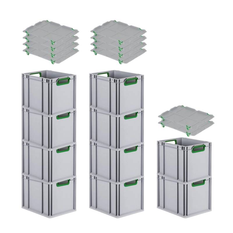 PROREGAL Spar Set 10x Eurobox Nextgen Color Mit Auflagedeckel & Schiebeschnappverschlüsse HxBxT 32 x 30 x 40 cm Griffe Grün Offen Glatter Boden von PROREGAL