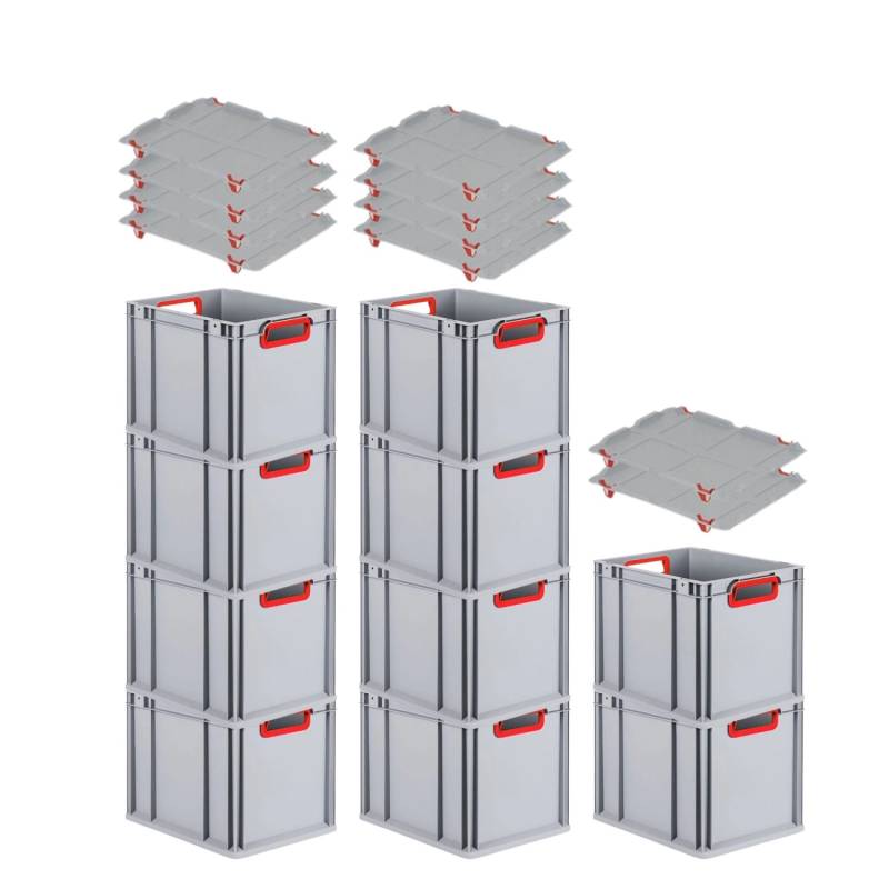 PROREGAL Spar Set 10x Eurobox Nextgen Color Mit Auflagedeckel & Schiebeschnappverschlüsse HxBxT 32 x 30 x 40 cm Griffe Rot Offen Glatter Boden von PROREGAL