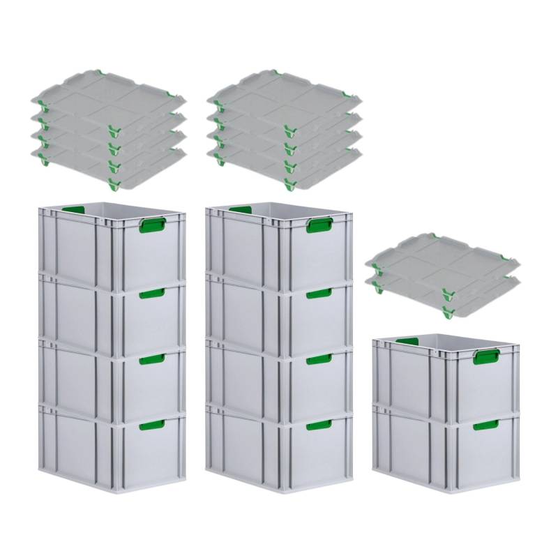 PROREGAL Spar Set 10x Eurobox Nextgen Color Mit Auflagedeckel & Schiebeschnappverschlüsse HxBxT 32 x 40 x 60 cm Griffe Grün Verstärkter Boden von PROREGAL