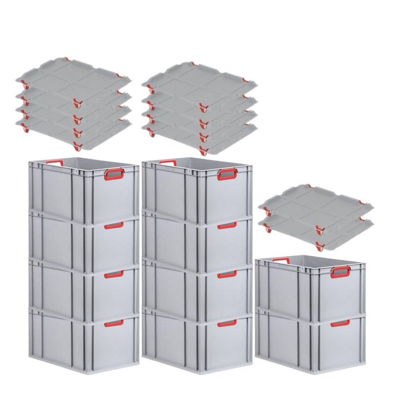 PROREGAL Spar Set 10x Eurobox Nextgen Color Mit Auflagedeckel & Schiebeschnappverschlüsse HxBxT 32 x 40 x 60 cm Griffe Rot Offen Verstärkter Boden von PROREGAL