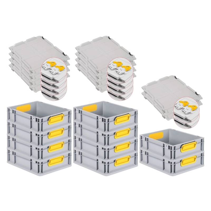 PROREGAL Spar Set 10x Eurobox Nextgen Color Mit Scharnierdeckel & Schiebeschnappverschlüsse HxBxT 12 x 30 x 40 cm Griffe Gelb Glatter Boden von PROREGAL