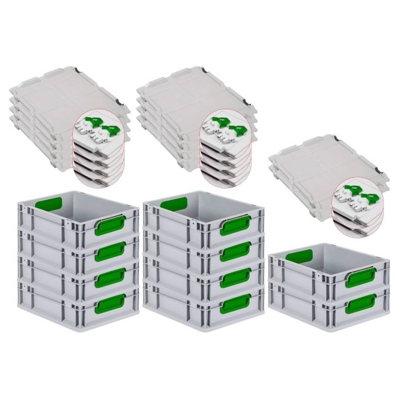 PROREGAL Spar Set 10x Eurobox Nextgen Color Mit Scharnierdeckel & Schiebeschnappverschlüsse HxBxT 12 x 30 x 40 cm Griffe Grün Glatter Boden von PROREGAL