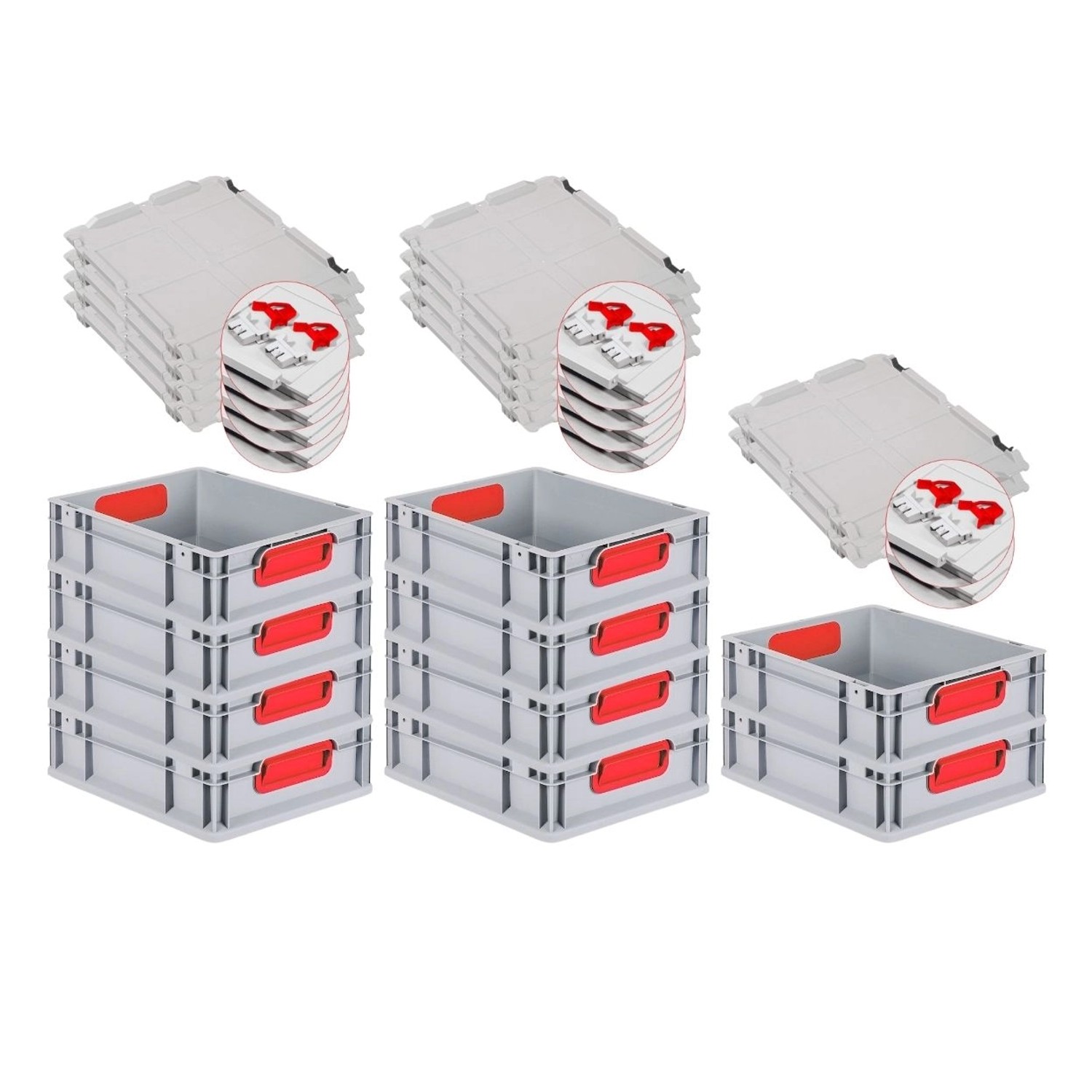 PROREGAL Spar Set 10x Eurobox Nextgen Color Mit Scharnierdeckel & Schiebeschnappverschlüsse HxBxT 12 x 30 x 40 cm  Griffe Rot Glatter Boden von PROREGAL