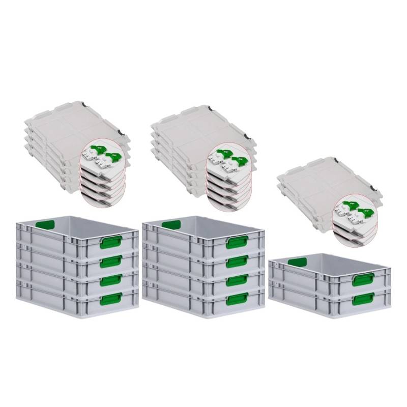 PROREGAL Spar Set 10x Eurobox Nextgen Color Mit Scharnierdeckel & Schiebeschnappverschlüsse HxBxT 12 x 40 x 60 cm Griffe Grün Glatter Boden von PROREGAL