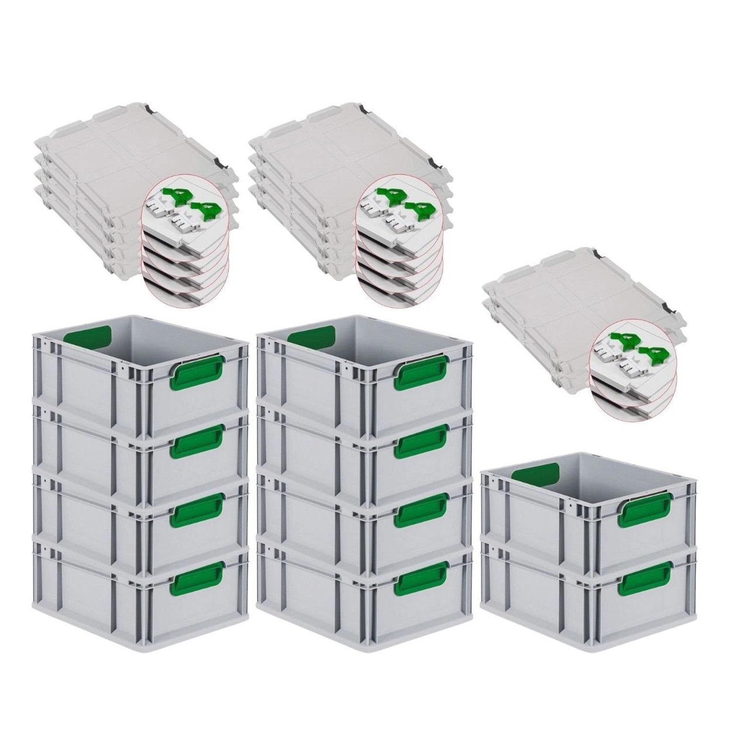 PROREGAL Spar Set 10x Eurobox Nextgen Color Mit Scharnierdeckel & Schiebeschnappverschlüsse HxBxT 17 x 30 x 40 cm Griffe Grün Glatter Boden von PROREGAL