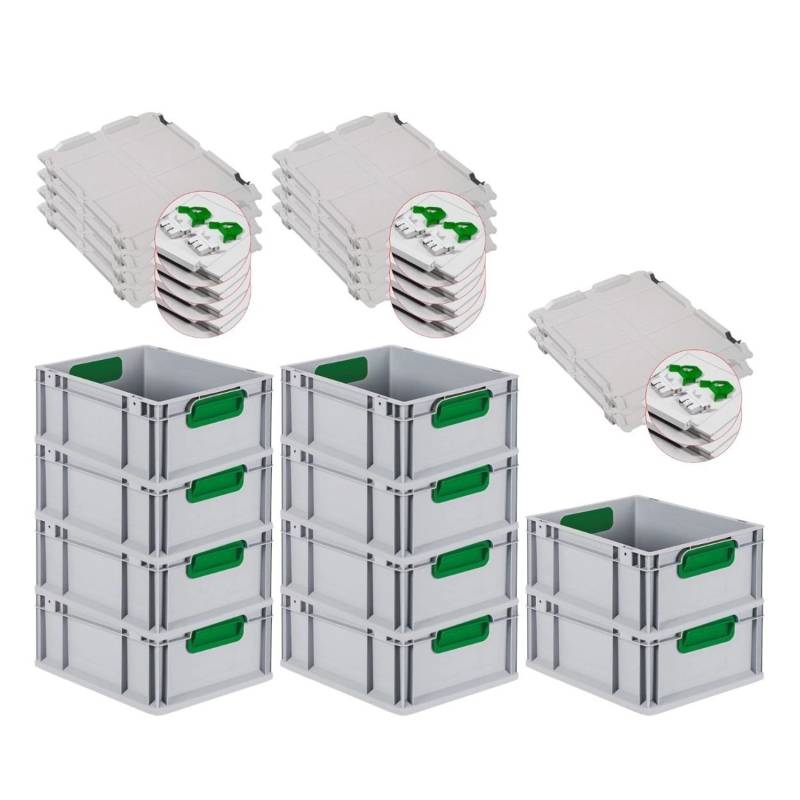 PROREGAL Spar Set 10x Eurobox Nextgen Color Mit Scharnierdeckel & Schiebeschnappverschlüsse HxBxT 17 x 30 x 40 cm Griffe Grün Glatter Boden von PROREGAL