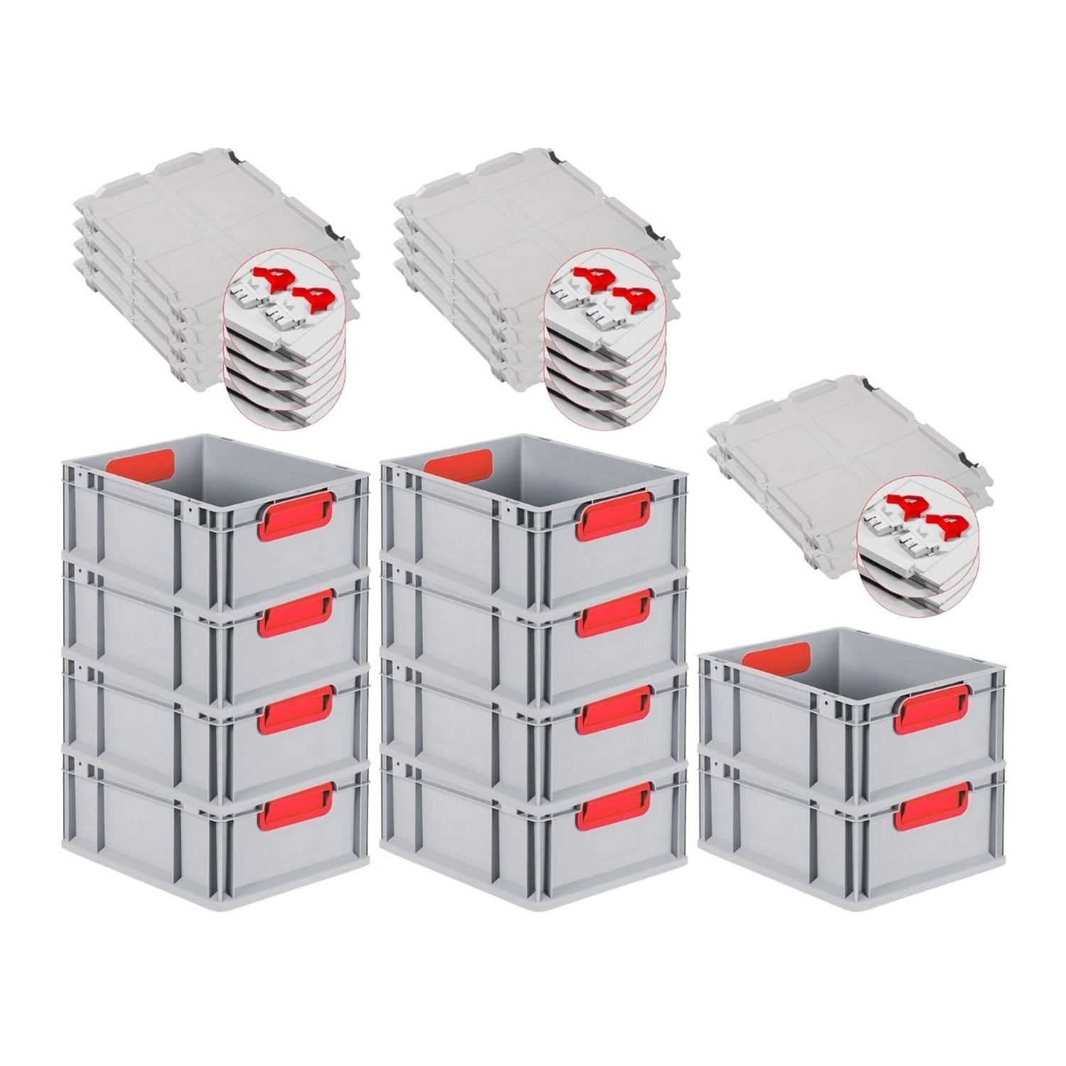 PROREGAL Spar Set 10x Eurobox Nextgen Color Mit Scharnierdeckel & Schiebeschnappverschlüsse HxBxT 17 x 30 x 40 cm Griffe Rot Geschlossen Glatter Boden von PROREGAL