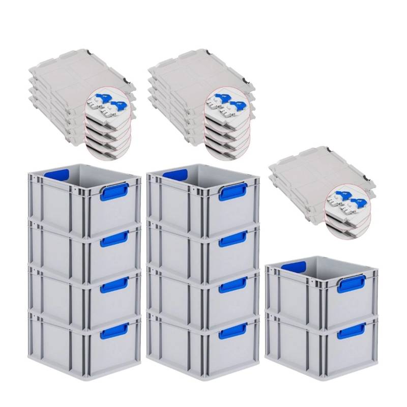 PROREGAL Spar Set 10x Eurobox Nextgen Color Mit Scharnierdeckel & Schiebeschnappverschlüsse HxBxT 22 x 30 x 40 cm Griffe Blau Glatter Boden von PROREGAL