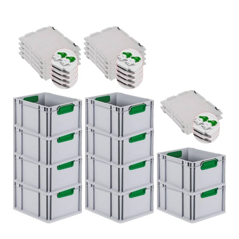 PROREGAL Spar Set 10x Eurobox Nextgen Color Mit Scharnierdeckel & Schiebeschnappverschlüsse HxBxT 22 x 30 x 40 cm Griffe Grün Glatter Boden von PROREGAL