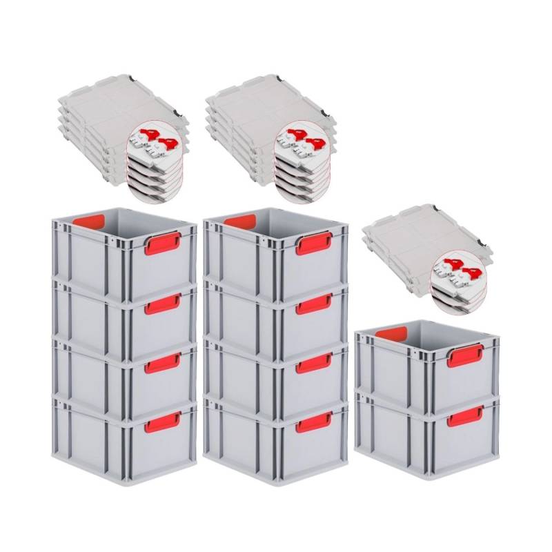 PROREGAL Spar Set 10x Eurobox Nextgen Color Mit Scharnierdeckel & Schiebeschnappverschlüsse HxBxT 22 x 30 x 40 cm Griffe Rot Geschlossen Glatter Boden von PROREGAL