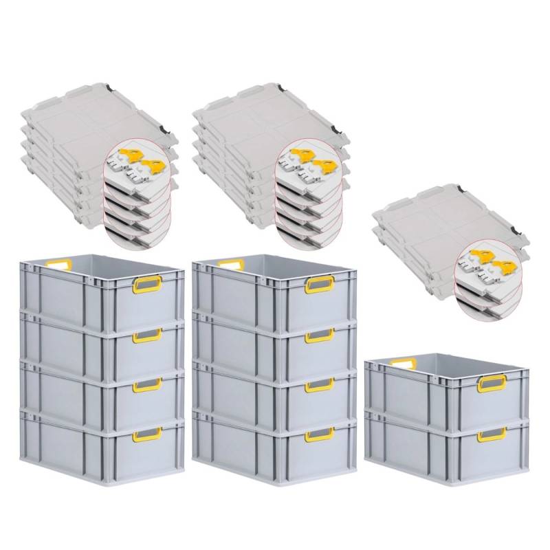 PROREGAL Spar Set 10x Eurobox Nextgen Color Mit Scharnierdeckel & Schiebeschnappverschlüsse HxBxT 22 x 40 x 60 cm Griffe Gelb Offen Verstärkter Boden von PROREGAL