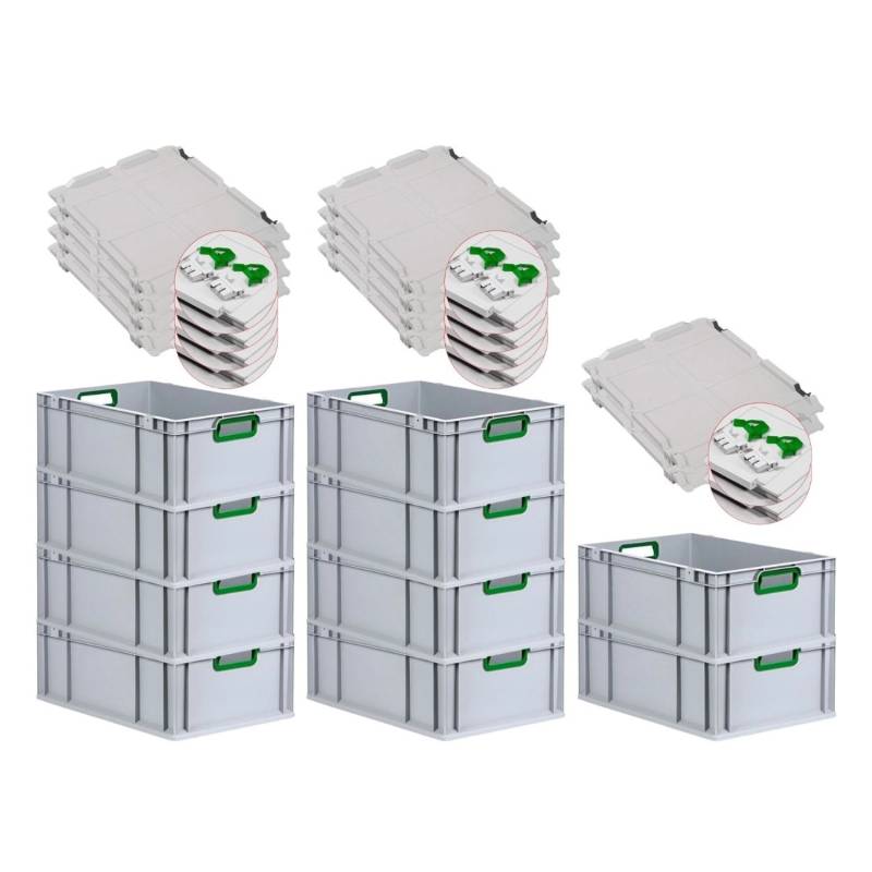 PROREGAL Spar Set 10x Eurobox Nextgen Color Mit Scharnierdeckel & Schiebeschnappverschlüsse HxBxT 22 x 40 x 60 cm Griffe Grün Offen Verstärkter Boden von PROREGAL