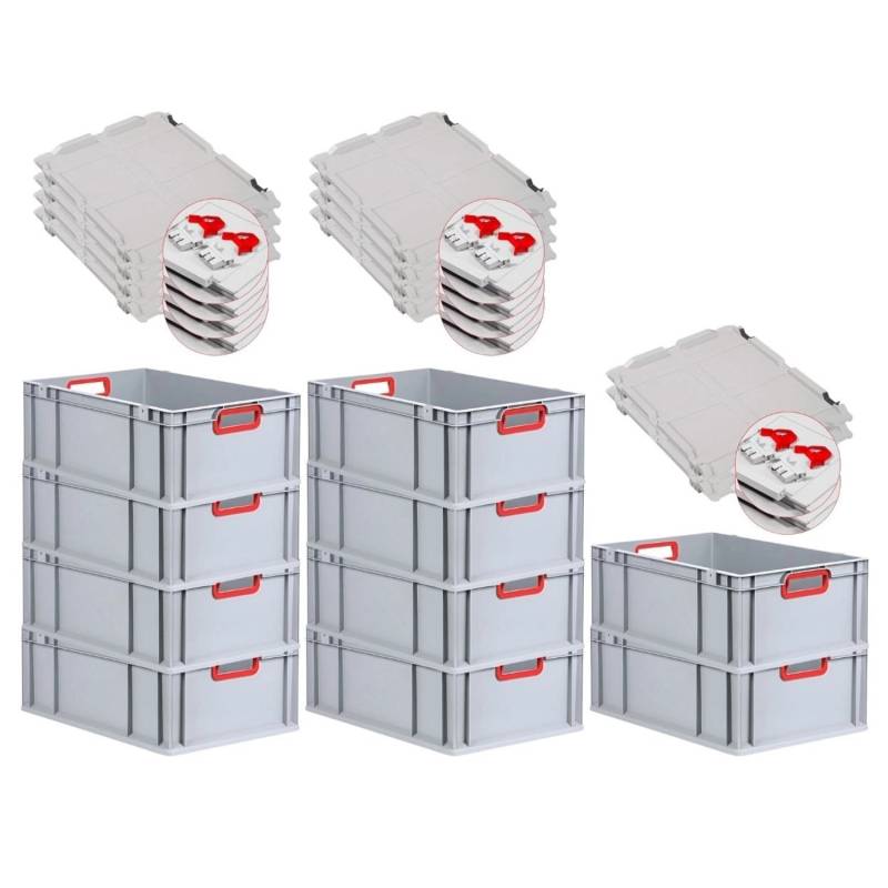 PROREGAL Spar Set 10x Eurobox Nextgen Color Mit Scharnierdeckel & Schiebeschnappverschlüsse HxBxT 22 x 40 x 60 cm  Griffe Rot Offen Verstärkter Boden von PROREGAL