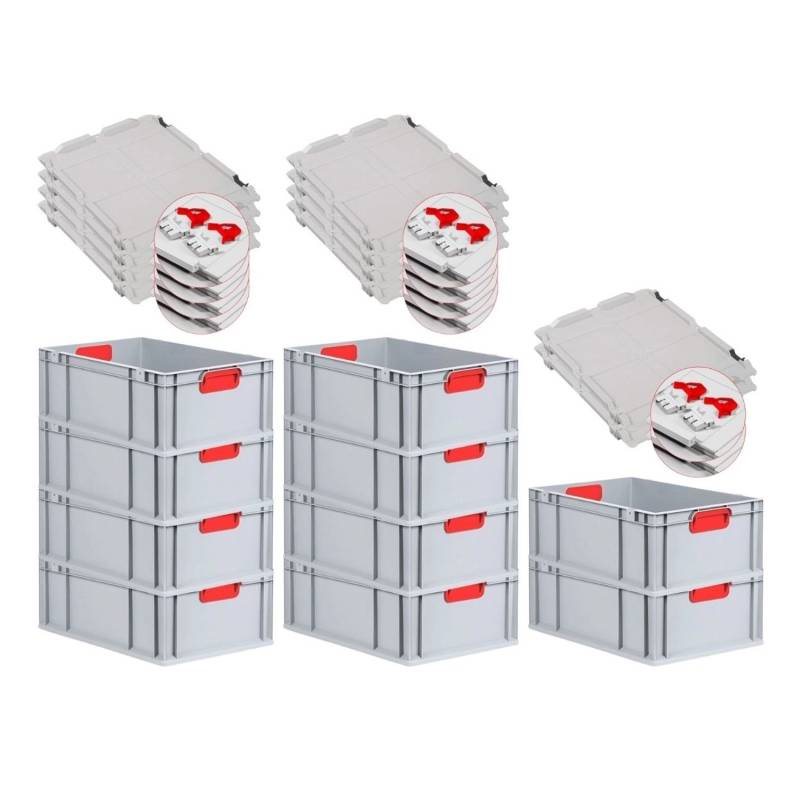 PROREGAL Spar Set 10x Eurobox Nextgen Color Mit Scharnierdeckel & Schiebeschnappverschlüsse HxBxT 22 x 40 x 60 cm Griffe Rot Verstärkter Boden von PROREGAL