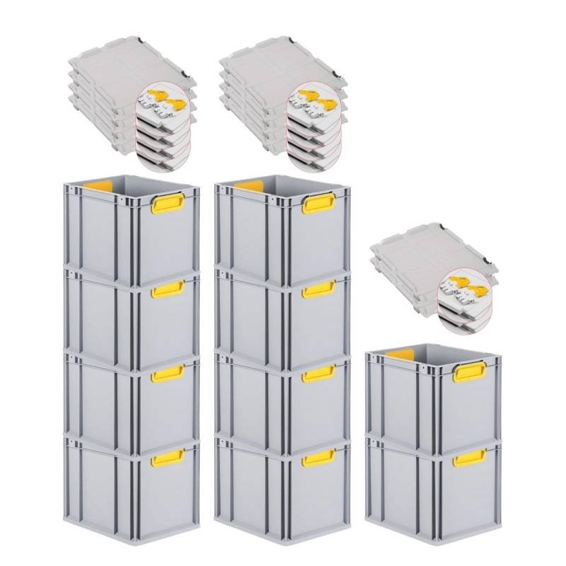 PROREGAL Spar Set 10x Eurobox Nextgen Color Mit Scharnierdeckel & Schiebeschnappverschlüsse HxBxT 32 x 30 x 40 cm Griffe Gelb Glatter Boden von PROREGAL