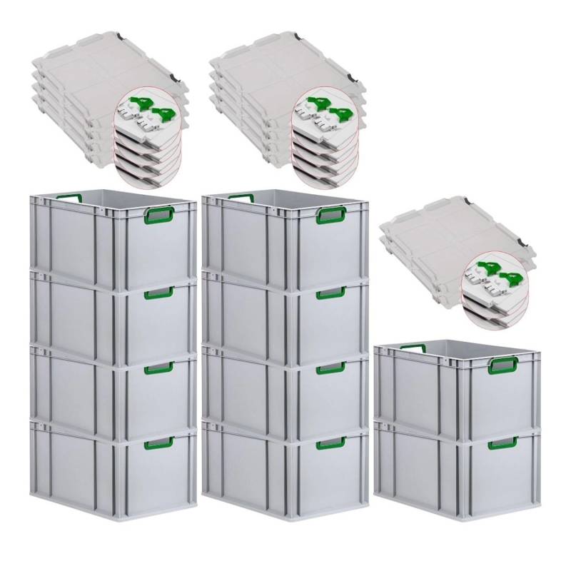 PROREGAL Spar Set 10x Eurobox Nextgen Color Mit Scharnierdeckel & Schiebeschnappverschlüsse HxBxT 32 x 40 x 60 cm Griffe Grün Offen Verstärkter Boden von PROREGAL