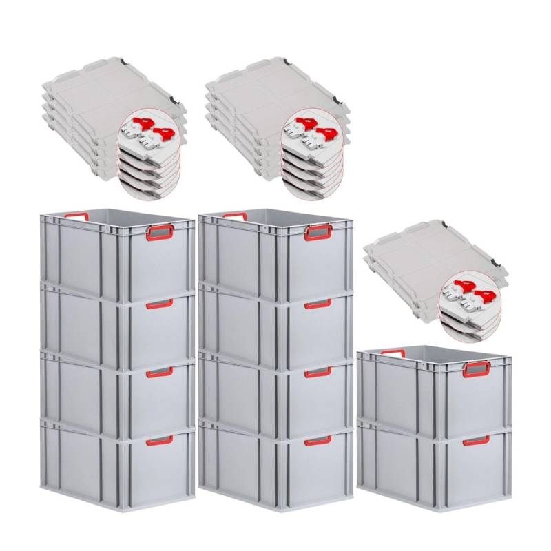 PROREGAL Spar Set 10x Eurobox Nextgen Color Mit Scharnierdeckel & Schiebeschnappverschlüsse HxBxT 32 x 40 x 60 cm  Griffe Rot Offen Verstärkter Boden von PROREGAL
