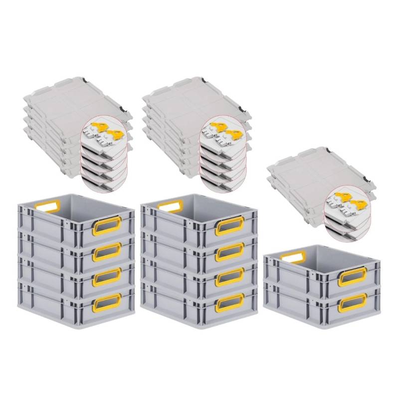 PROREGAL Spar Set 10x Eurobox Nextgen Color Mit Scharnierdeckel & Schiebeschnappverschlüssen HxBxT 12 x 30 x 40 cm Griffe Gelb Offen Glatter Boden von PROREGAL