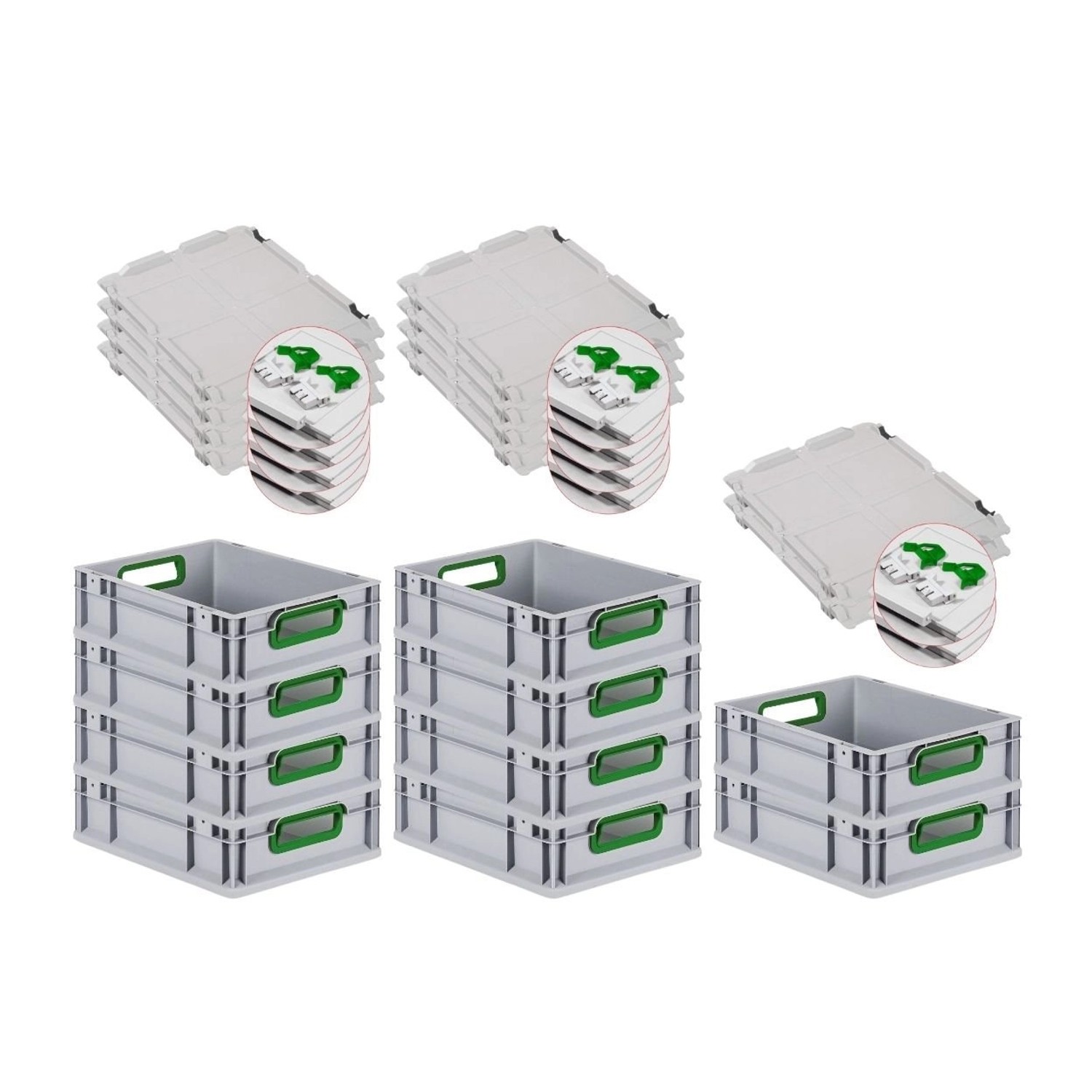 PROREGAL Spar Set 10x Eurobox Nextgen Color Mit Scharnierdeckel & Schiebeschnappverschlüssen HxBxT 12 x 30 x 40 cm Griffe Grün Offen Glatter Boden PROREGAL Spar Set 10x Eurobox Nextgen Color Mit Scharnierdeckel & Schiebeschnappverschlüssen HxBxT 12 x 30 x 40 cm Griffe Grün Offen Glatter Boden von PROREGAL