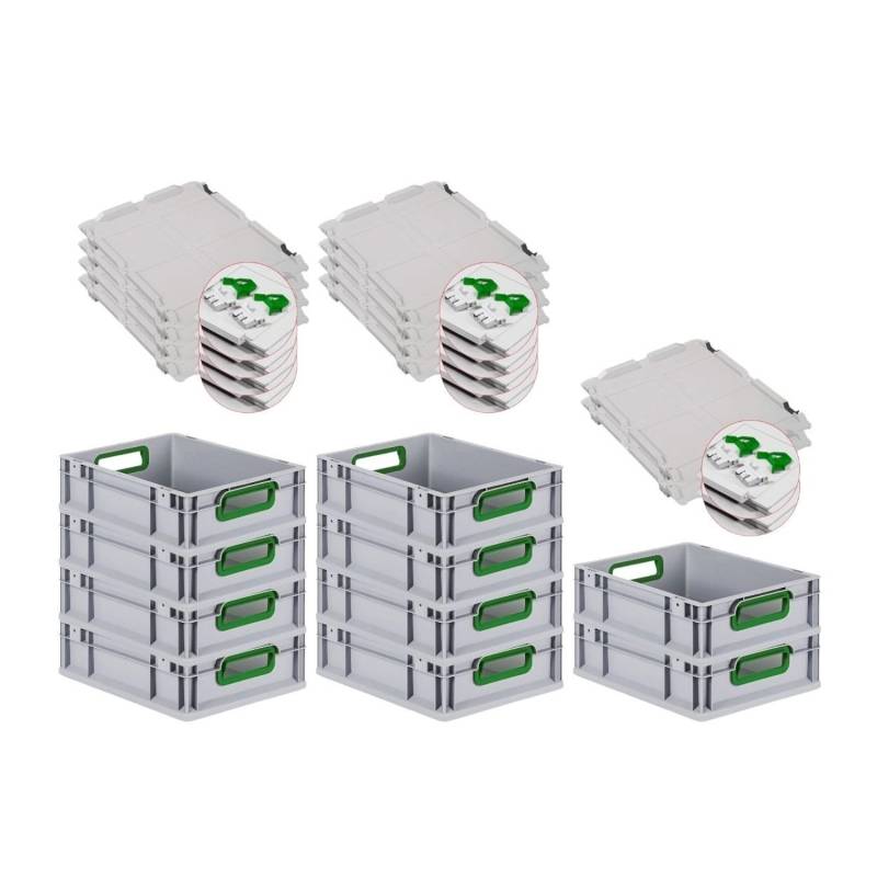 PROREGAL Spar Set 10x Eurobox Nextgen Color Mit Scharnierdeckel & Schiebeschnappverschlüssen HxBxT 12 x 30 x 40 cm Griffe Grün Offen Glatter Boden von PROREGAL