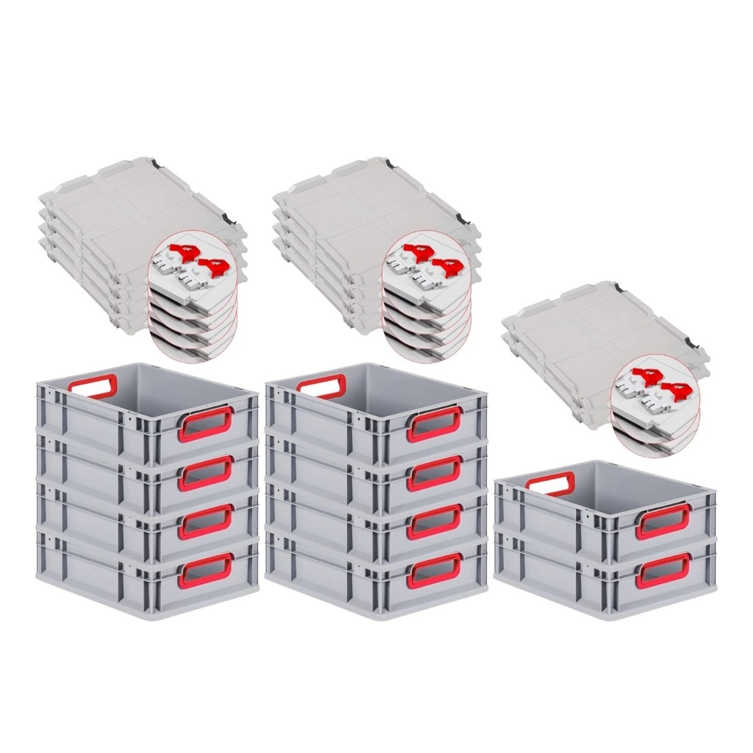 PROREGAL Spar Set 10x Eurobox Nextgen Color Mit Scharnierdeckel & Schiebeschnappverschlüssen HxBxT 12 x 30 x 40 cm Griffe Rot Offen Glatter Boden von PROREGAL