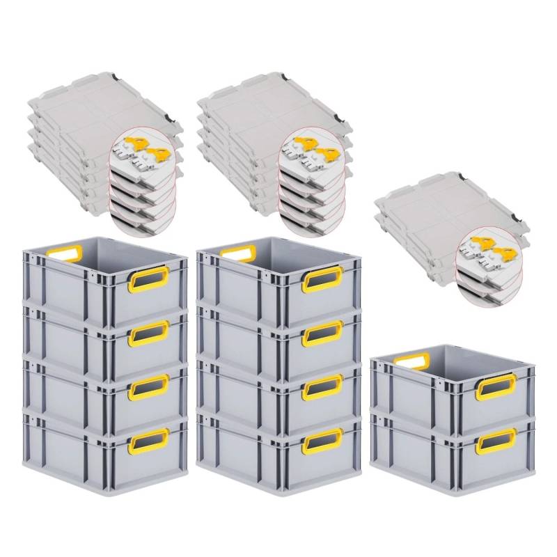 PROREGAL Spar Set 10x Eurobox Nextgen Color Mit Scharnierdeckel & Schiebeschnappverschlüssen HxBxT 17 x 30 x 40 cm Griffe Gelb Offen Glatter Boden von PROREGAL