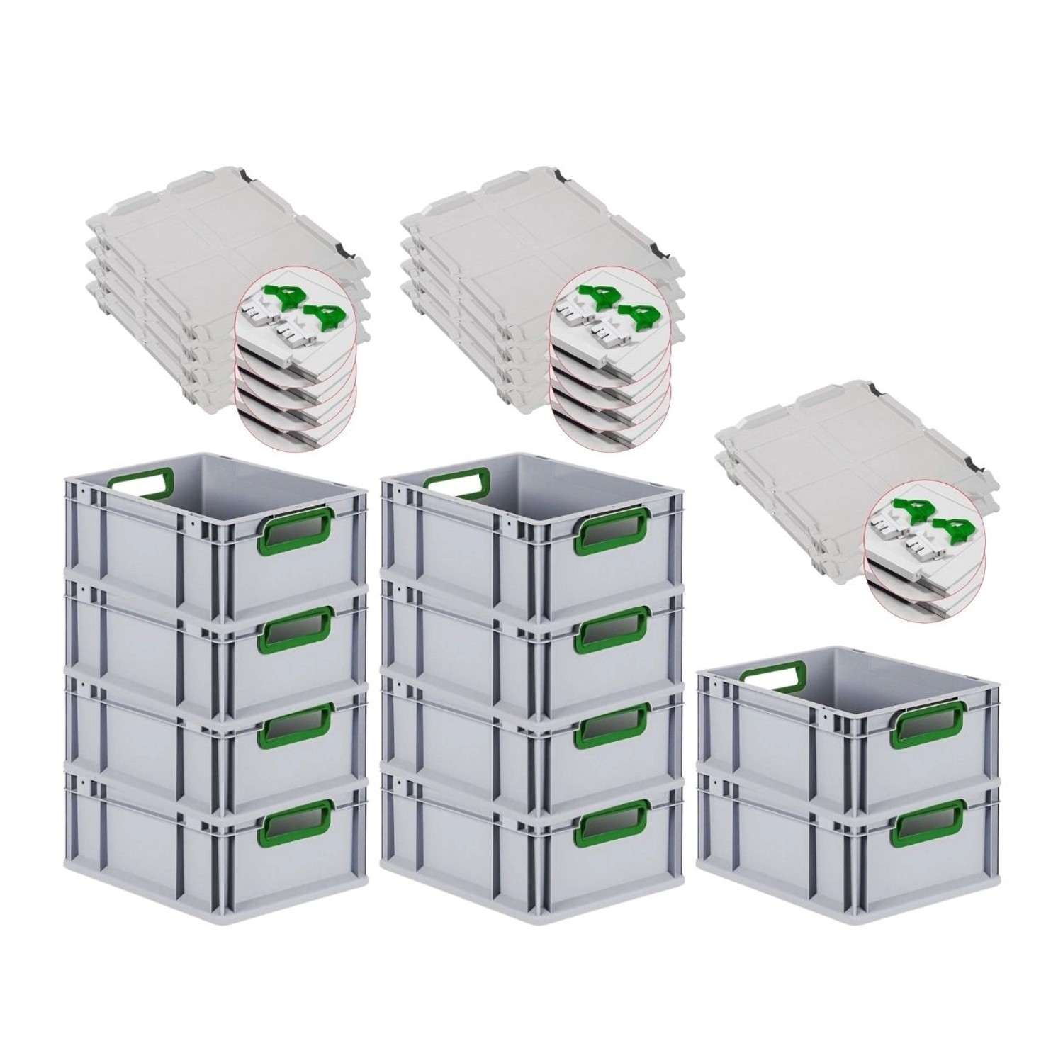 PROREGAL Spar Set 10x Eurobox Nextgen Color Mit Scharnierdeckel & Schiebeschnappverschlüssen HxBxT 17 x 30 x 40 cm Griffe Grün Offen Glatter Boden von PROREGAL