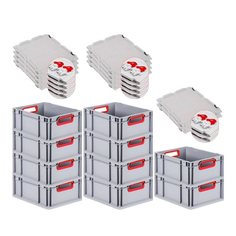 PROREGAL Spar Set 10x Eurobox Nextgen Color Mit Scharnierdeckel & Schiebeschnappverschlüssen HxBxT 17 x 30 x 40 cm  Griffe Rot Offen Glatter Boden von PROREGAL