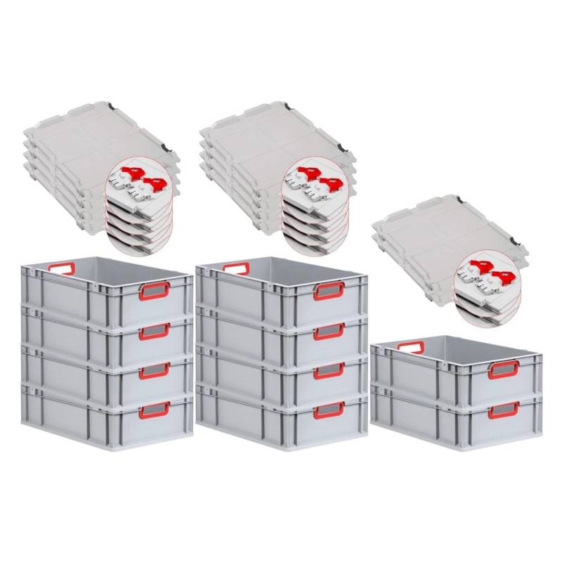 PROREGAL Spar Set 10x Eurobox Nextgen Color Mit Scharnierdeckel & Schiebeschnappverschlüssen HxBxT 17 x 40 x 60 cm Griffe Rot Offen Glatter Boden von PROREGAL