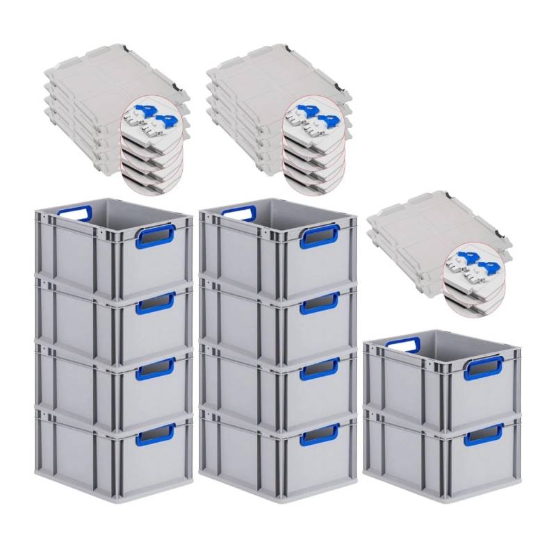 PROREGAL Spar Set 10x Eurobox Nextgen Color Mit Scharnierdeckel & Schiebeschnappverschlüssen HxBxT 22 x 30 x 40 cm Griffe Blau Offen Glatter Boden von PROREGAL