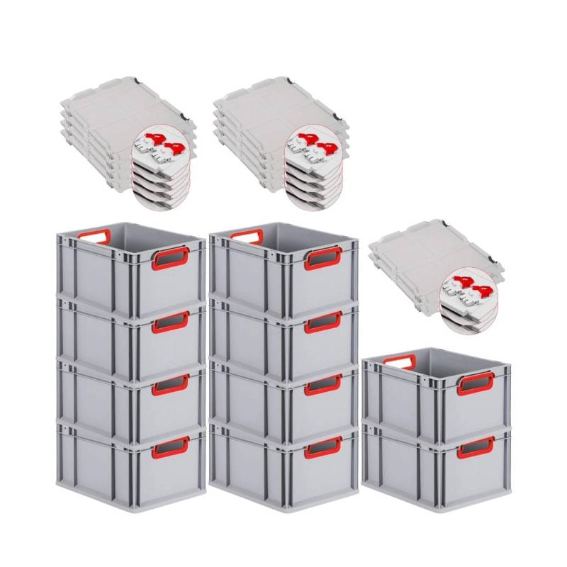 PROREGAL Spar Set 10x Eurobox Nextgen Color Mit Scharnierdeckel & Schiebeschnappverschlüssen HxBxT 22 x 30 x 40 cm  Griffe Rot Offen Glatter Boden von PROREGAL
