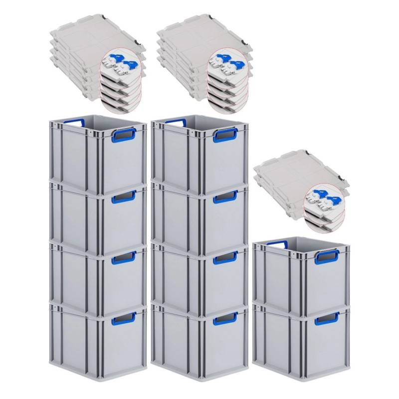 PROREGAL Spar Set 10x Eurobox Nextgen Color Mit Scharnierdeckel & Schiebeschnappverschlüssen HxBxT 32 x 30 x 40 cm Griffe Blau Offen Glatter Boden von PROREGAL