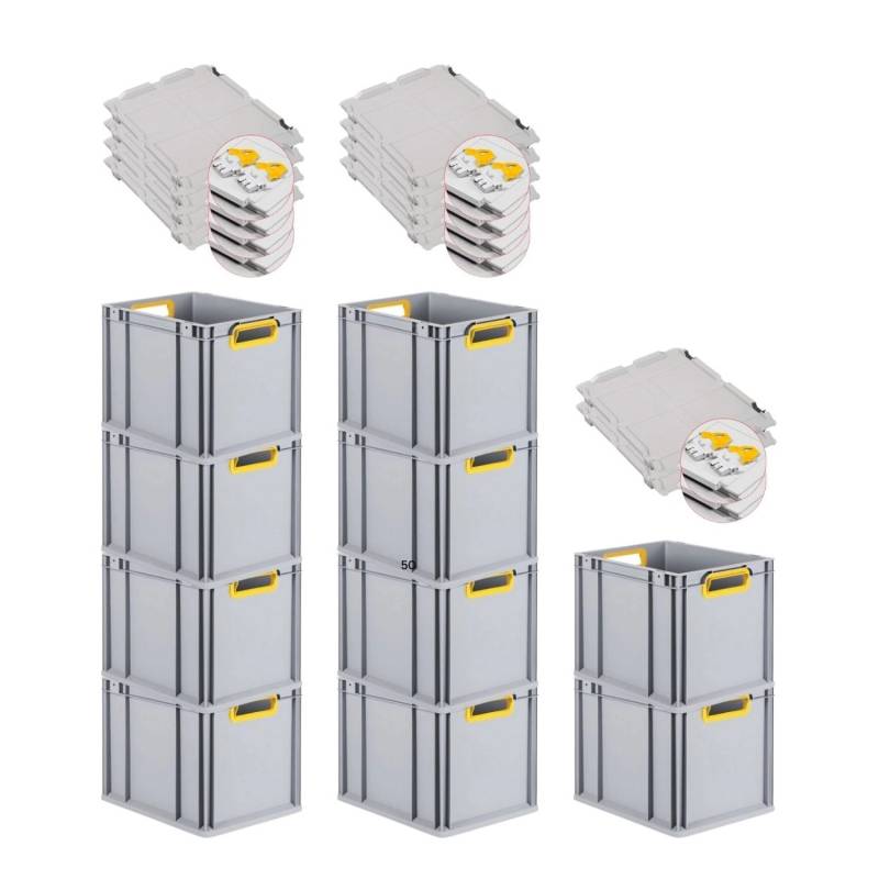 PROREGAL Spar Set 10x Eurobox Nextgen Color Mit Scharnierdeckel & Schiebeschnappverschlüssen HxBxT 32 x 30 x 40 cm Griffe Gelb Offen Glatter Boden von PROREGAL