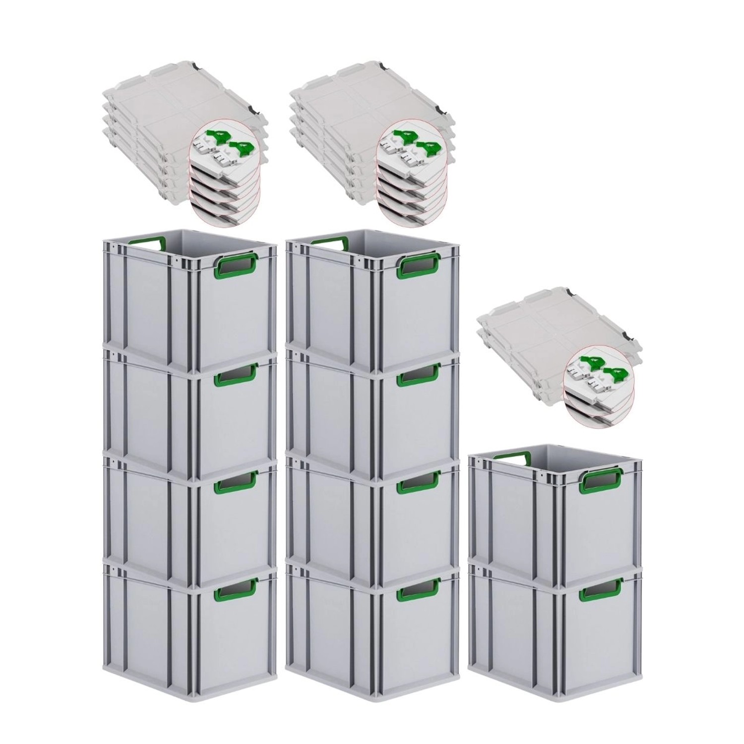 PROREGAL Spar Set 10x Eurobox Nextgen Color Mit Scharnierdeckel & Schiebeschnappverschlüssen HxBxT 32 x 30 x 40 cm Griffe Grün Offen Glatter Boden PROREGAL Spar Set 10x Eurobox Nextgen Color Mit Scharnierdeckel & Schiebeschnappverschlüssen HxBxT 32 x 30 x 40 cm Griffe Grün Offen Glatter Boden von PROREGAL