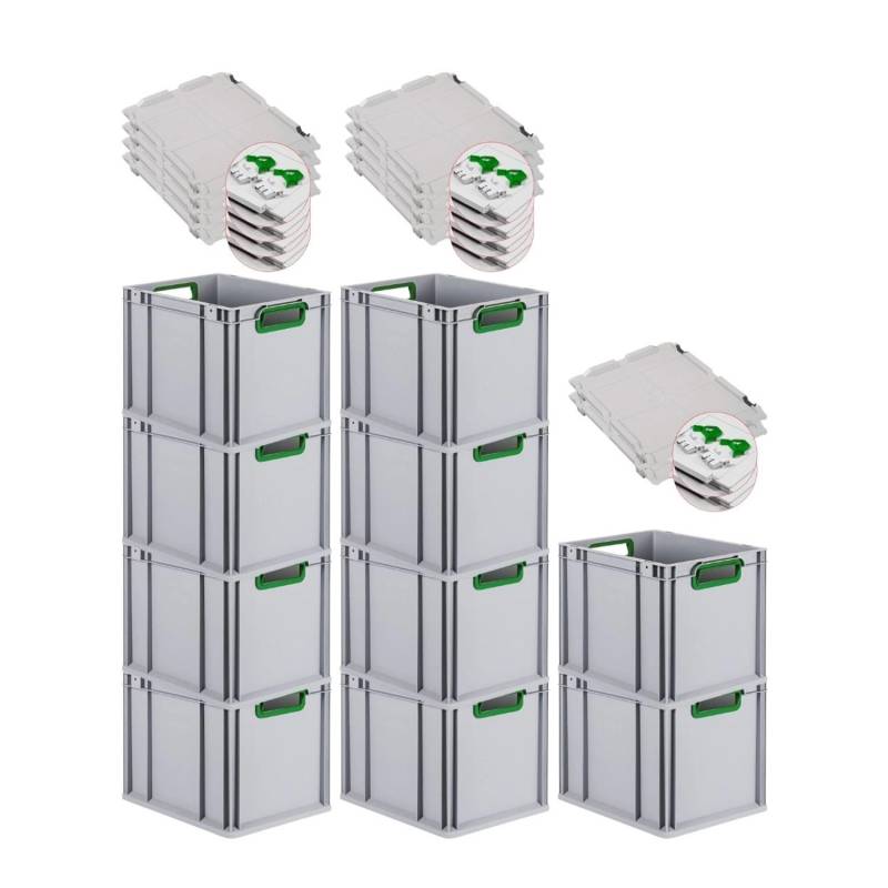 PROREGAL Spar Set 10x Eurobox Nextgen Color Mit Scharnierdeckel & Schiebeschnappverschlüssen HxBxT 32 x 30 x 40 cm Griffe Grün Offen Glatter Boden von PROREGAL