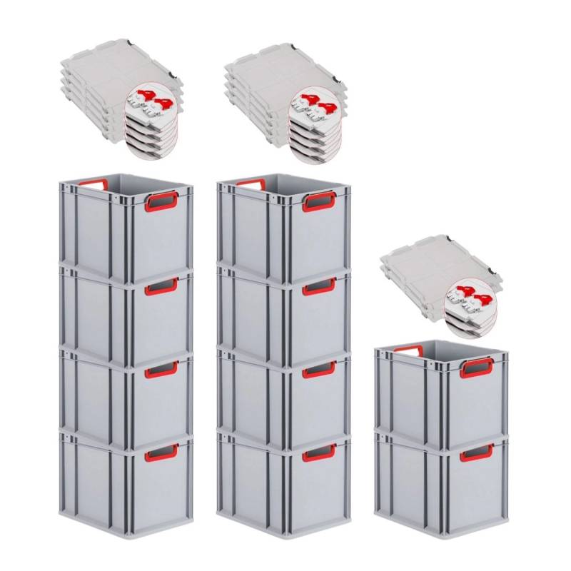 PROREGAL Spar Set 10x Eurobox Nextgen Color Mit Scharnierdeckel & Schiebeschnappverschlüssen HxBxT 32 x 30 x 40 cm Griffe Rot Offen Glatter Boden von PROREGAL