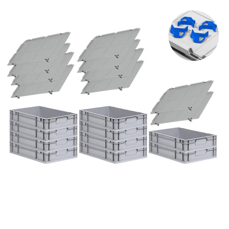 PROREGAL Spar Set 10x Eurobox Nextgen Economy Mit Auflagedeckel & 4x Schiebeschnappverschlüsse Blau Griffe Geschlossen HxBxT 12 x 40 x 60 cm 23 Liter von PROREGAL