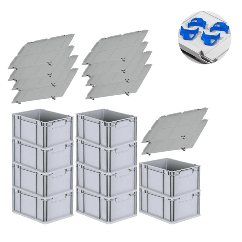 PROREGAL Spar Set 10x Eurobox Nextgen Economy Mit Auflagedeckel & 4x Schiebeschnappverschlüsse Blau Griffe Geschlossen HxBxT 22 x 30 x 40 cm 20 Liter von PROREGAL