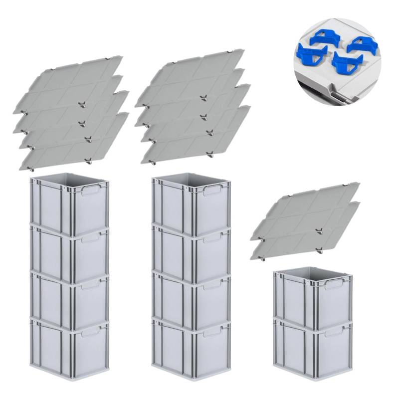 PROREGAL Spar Set 10x Eurobox Nextgen Economy Mit Auflagedeckel & 4x Schiebeschnappverschlüsse Blau Griffe Geschlossen HxBxT 32 x 30 x 40 cm 30 Liter von PROREGAL