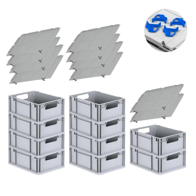 PROREGAL Spar Set 10x Eurobox Nextgen Economy Mit Auflagedeckel & 4x Schiebeschnappverschlüsse Blau Griffe Offen HxBxT 17 x 30 x 40 cm 16 Liter von PROREGAL