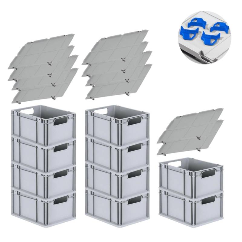 PROREGAL Spar Set 10x Eurobox Nextgen Economy Mit Auflagedeckel & 4x Schiebeschnappverschlüsse Blau Griffe Offen HxBxT 22 x 30 x 40 cm 20 Liter von PROREGAL